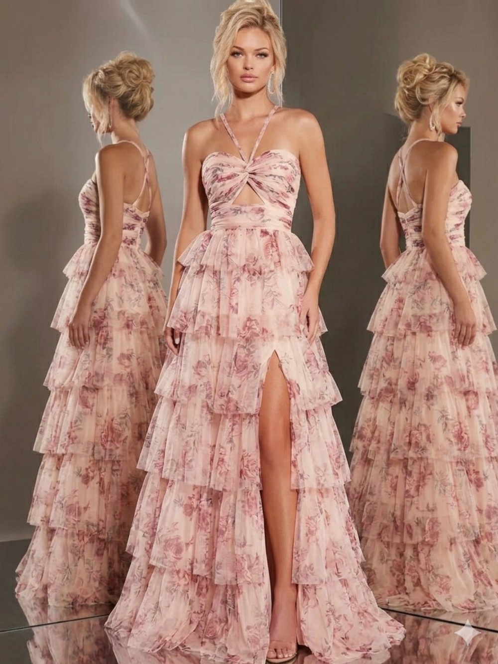 NWT Jovani 48772 Pink Floral Strapless Ruffled Corset Gown, Size 6